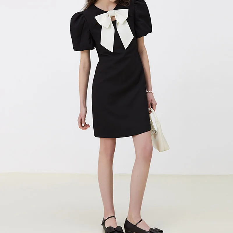 

2022 Spring and Summer New Black Bow Dress Women's French Retro Puff Sleeve Design Sense A-Line Dress Elegant Party Mini Dress