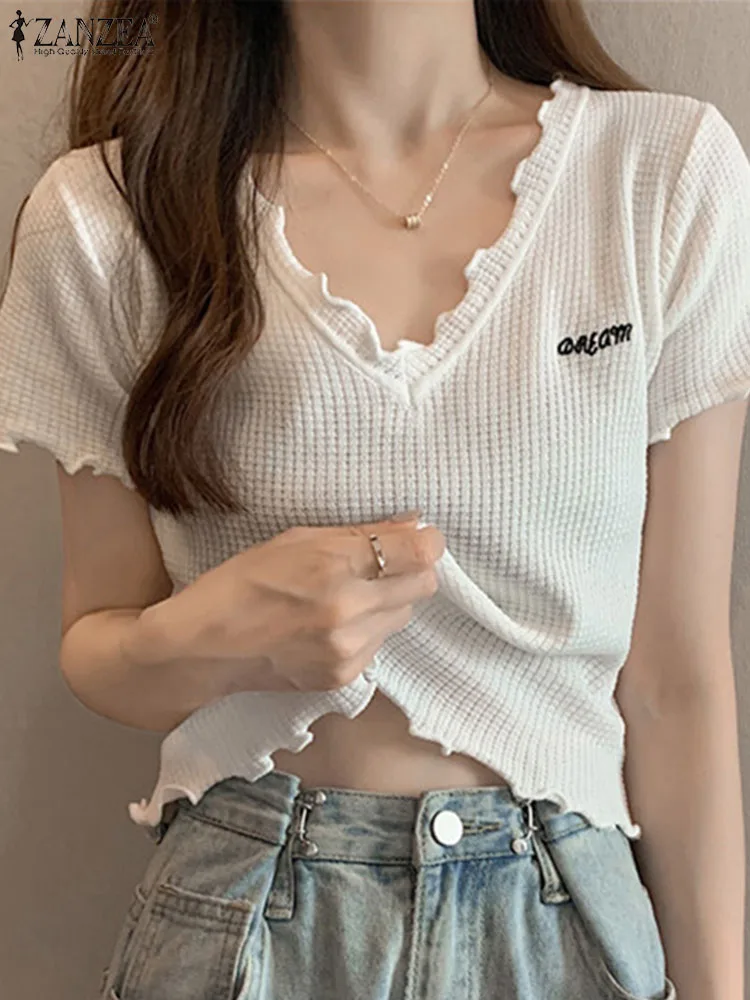 

Женские летние футболки ZANZEA 2022 Y2K, модные корейские футболки с V-образным вырезом и коротким рукавом, свободные вязаные топы с волнистой шнур...
