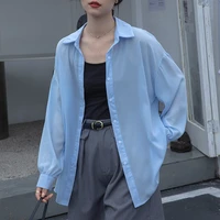 summer breathable versatile sunshade chiffon sunscreen shirt blue pink white thin women blouse and tops dropped shoulder