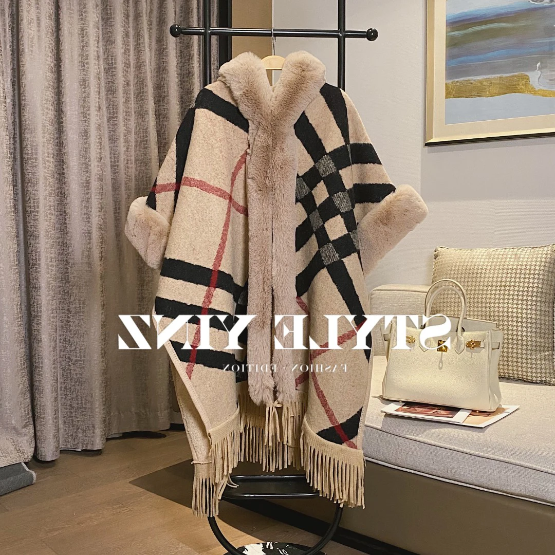 ZJZLL Новая модная черная Клетчатая Шерстяная накидка с меховым воротником