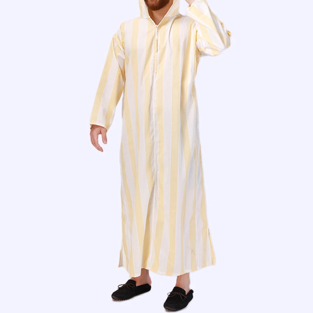 New Muslim Striped Long Hooded Nightgown Men's Middle Eastern National Dress Robe Costume Arab Islamic Long-sleeved Top Clothing