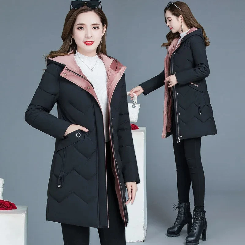 Winter Coat 2023 Korean New Fashion Ladies Slim Letter Cotton-padded Jacket Thicken Long Parkas Windproof Women's Hooded Outwear