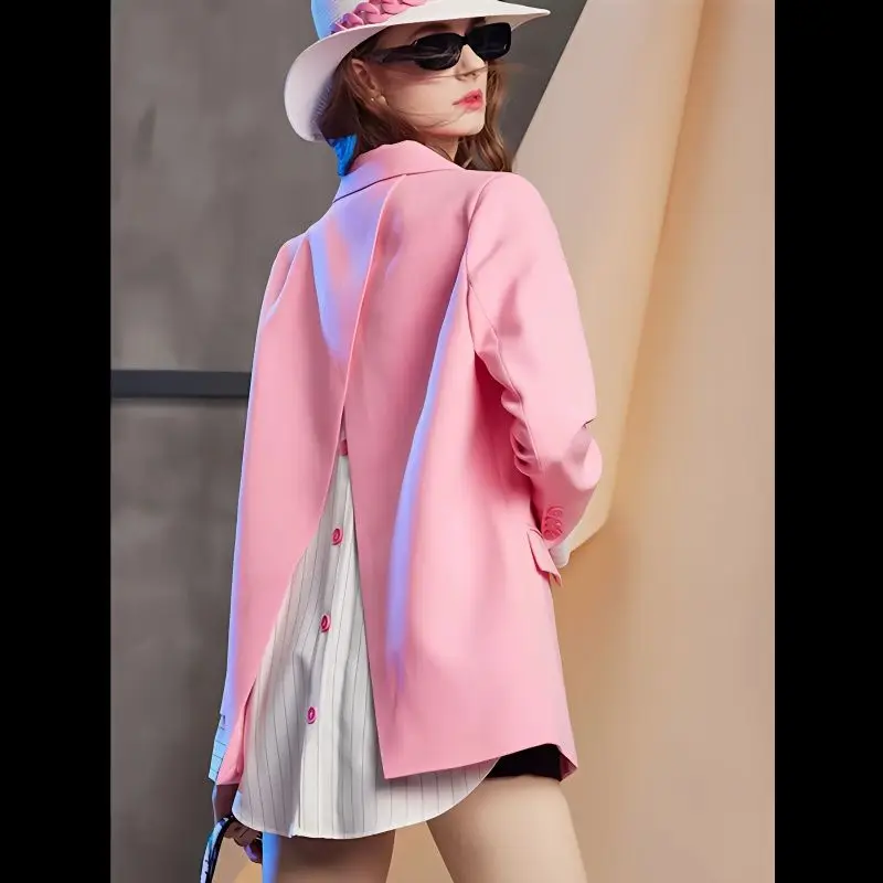 Luxury Chic Long Sleeve Women Blazer Pink Blazer Office Ladies Jacket Two Pieces Splicing Korean Coats Double-breasted Solid