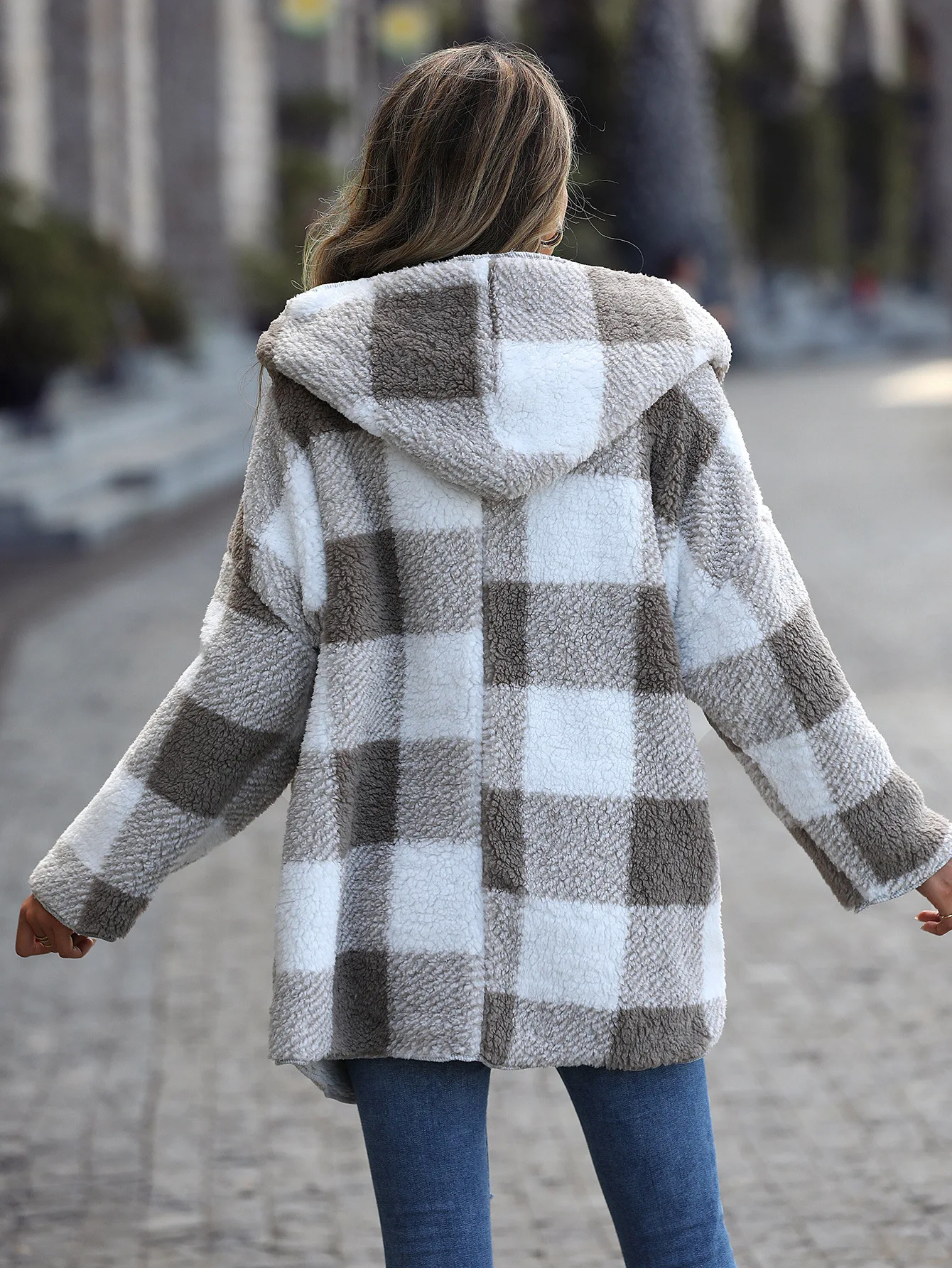 Fashion New Casual Plush Women's Hooded Regular Long Sleeve Loose Plaid Bubble Down Buckle Free Coat