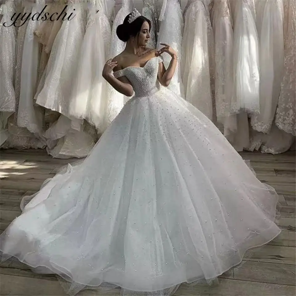 

2022 Luxury Off The Shoulder Wedding Dresses For Women Party Gown Elegant Beading Pearls Bridal Gown Princess Vestidos De Novia