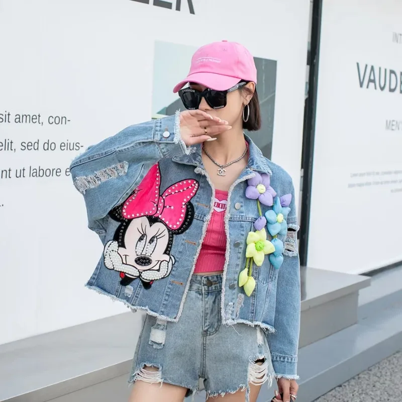 

Disney Minnie Mouse Denim Jacket Women with Squins Flower Jackets Streetwear Turn Down Collar Hole Loose Denim Coats Jacktes