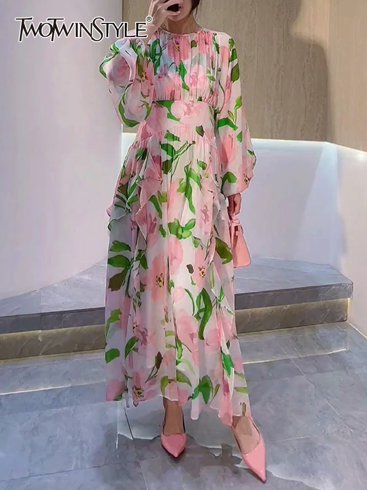 

TWOTWINSTYLE Hit Color Print Dresses For Women O Neck Lantern Sleeves High Waist Pullover A Line Dress Female Fashion Clothes