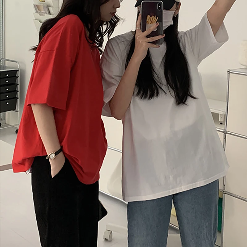 

Basic Solid Round Neck Red Short Sleeve T-shirt Women's Fashion Korean Loose Casual Simple Bottom Top 2023 Spring Summer New