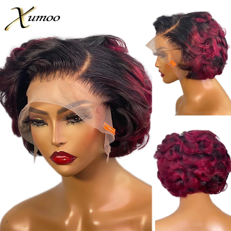 Body Wave Short Bob 99J Burgundy Ombre Colored Transparent 4x4 Closure Lace Human Hair Wig for Black Women Preplucked Brazilian