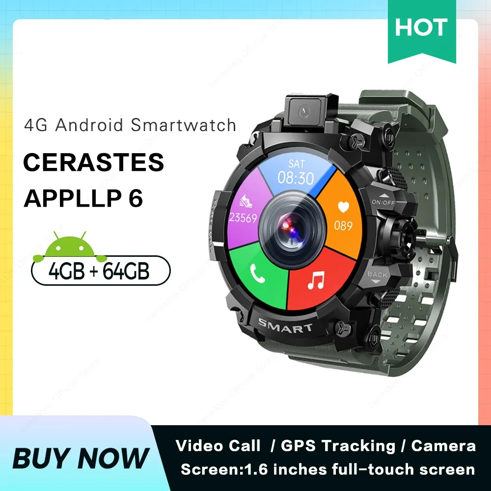 

LOKMAT APPLLP 6 Smart Watch Men 4G Call GPS 5MP 90° Flip Camera 1.6" TFT Screen Fitness Tracker 4GB RAM+64GB ROM Smartwatch