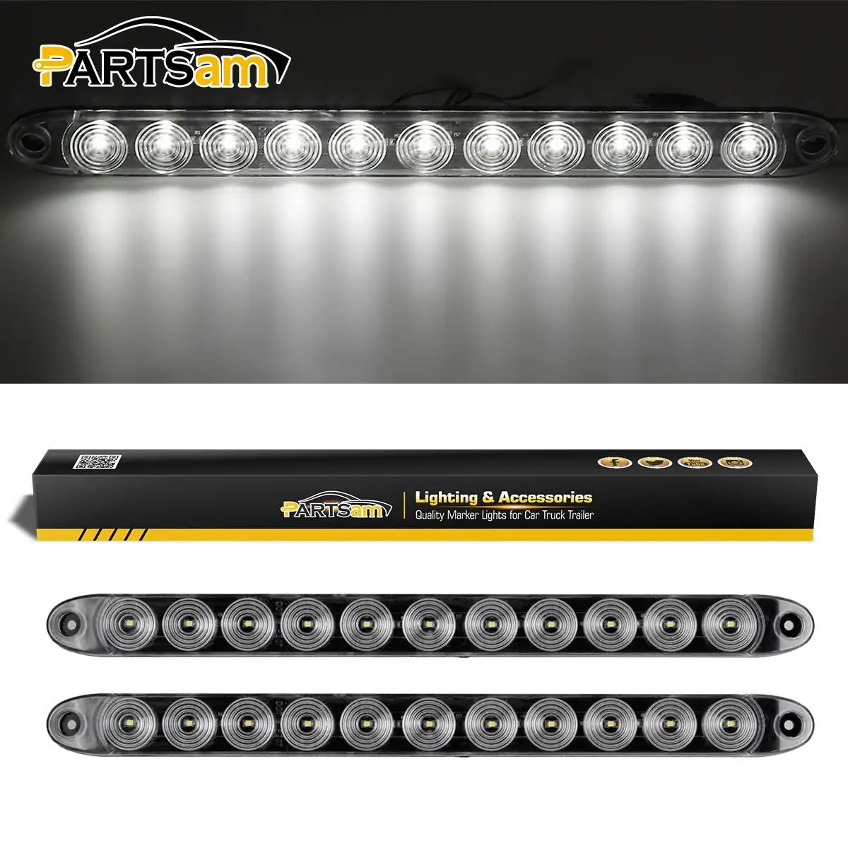 

Partsam 2Pcs 15" Inch White Led Trailer Reverse Backup Light Bars Clear Lens