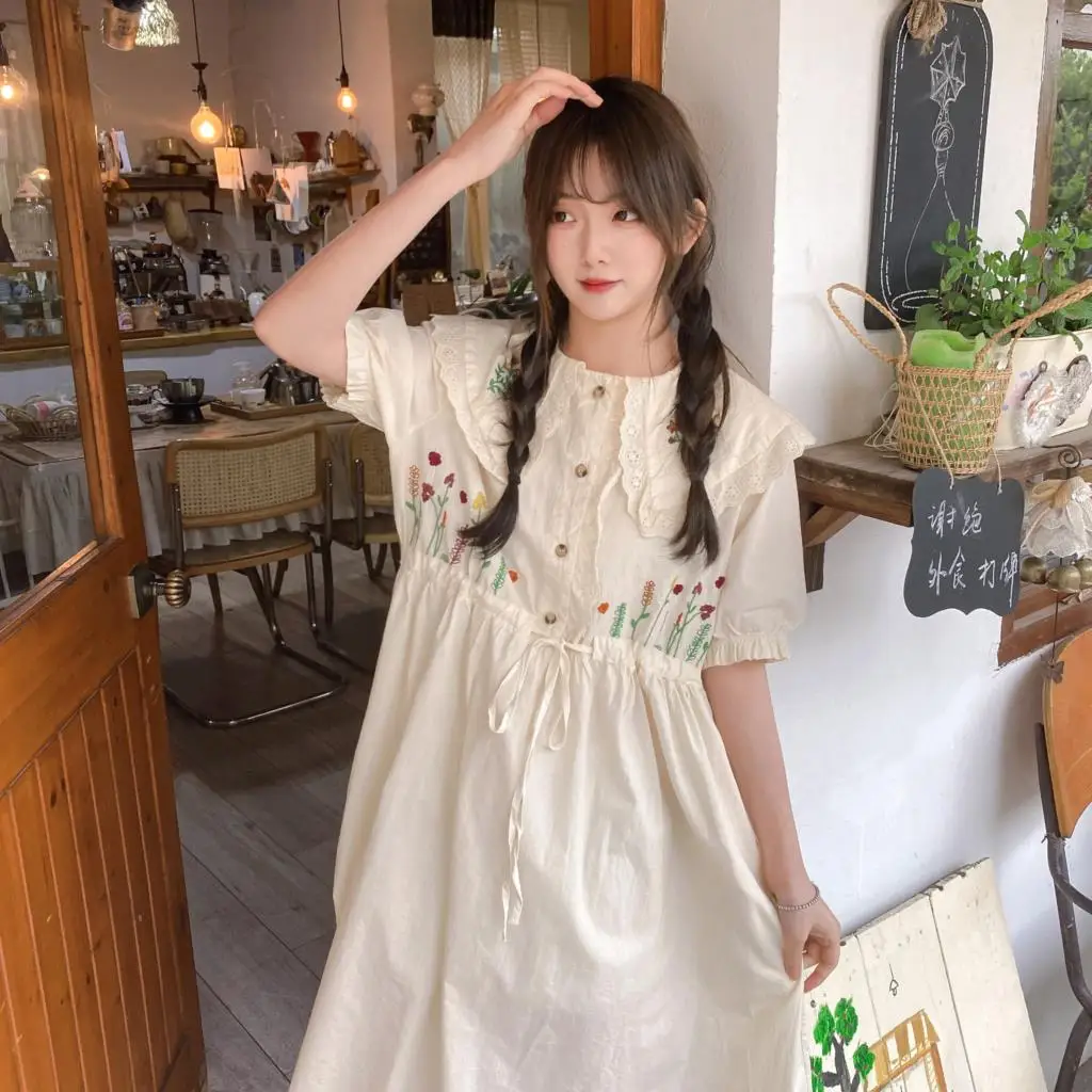 

Женское хлопковое льняное платье в японском стиле с вышивкой и круглым вырезом, платье с коротким рукавом