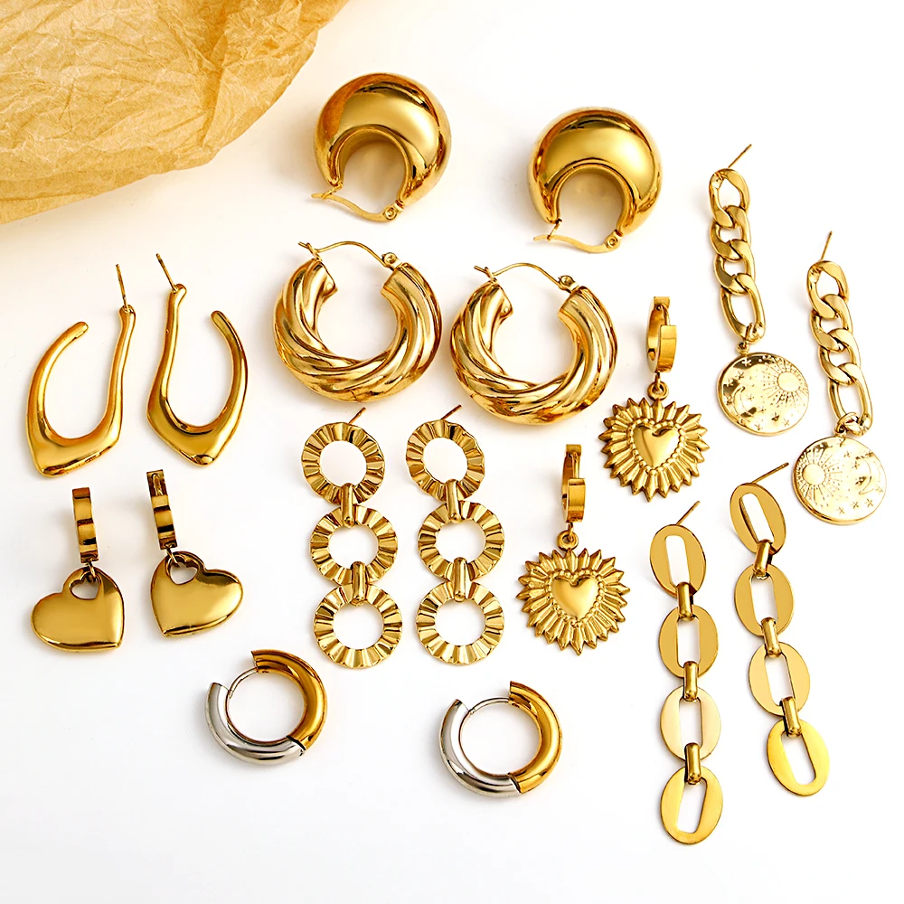 

Punk Gold Chunky Stainless Steel Earrings for Women Rock Heart Twist Circle Sun Pendant Dangle Earrings Huggie Ear Hoop Peirce