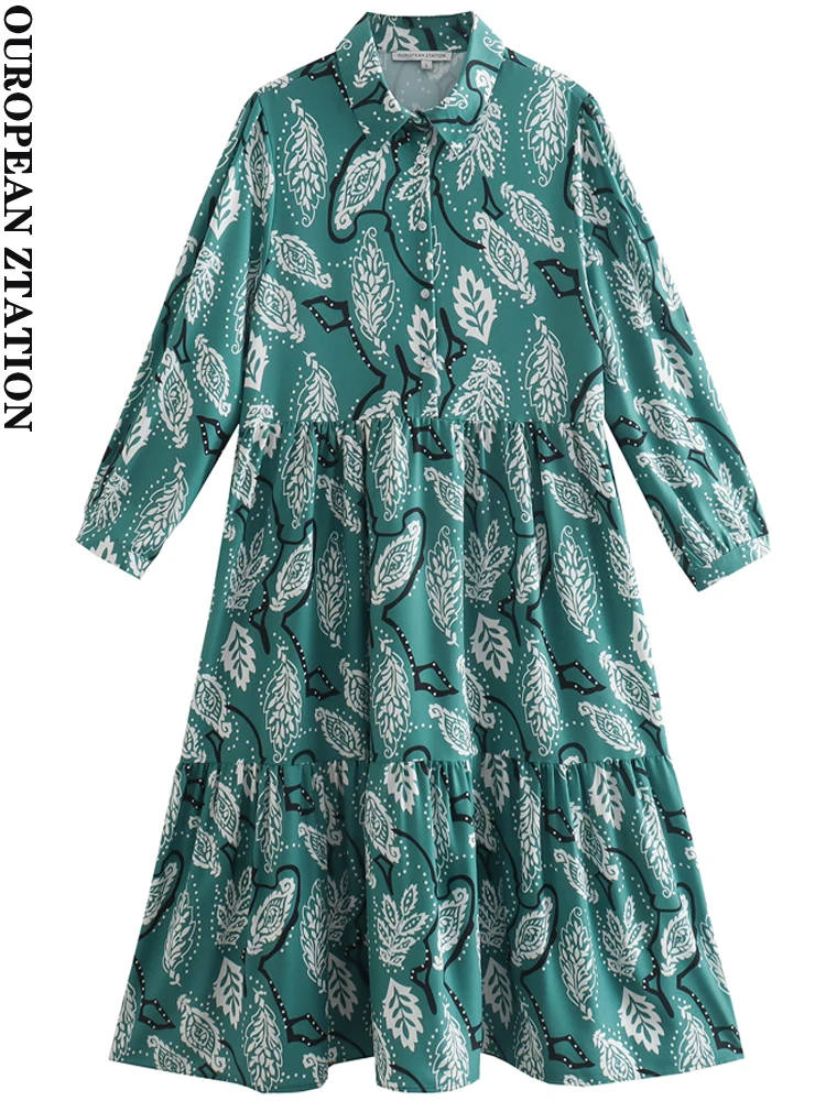 

Модное женское платье-миди PAILETE с принтом и вставками, винтажные женские платья на пуговицах с длинным рукавом, vestidos mujer, 2022