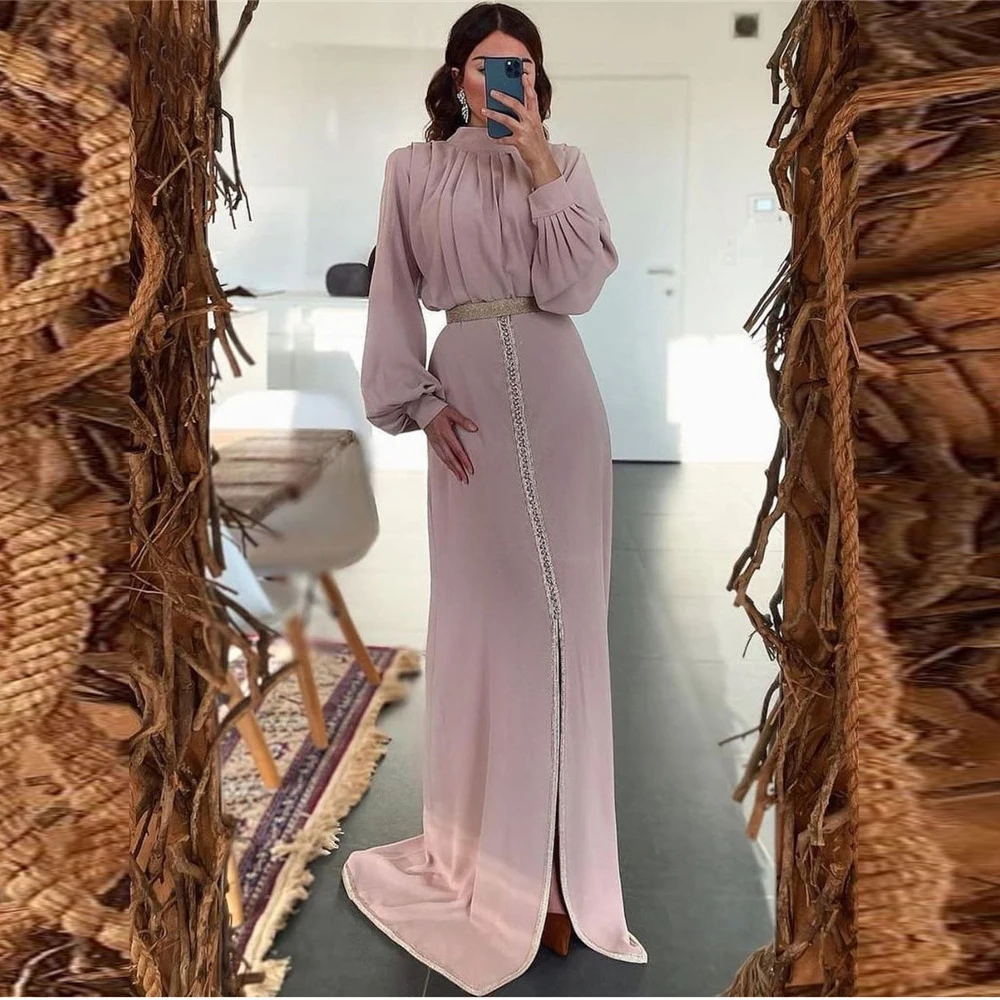 

Moroccan Kaftan Formal Evening Dresses Puff Long Sleeves High Neck Front Slit Straight Robe De Soiree Floor Length Prom Gowns