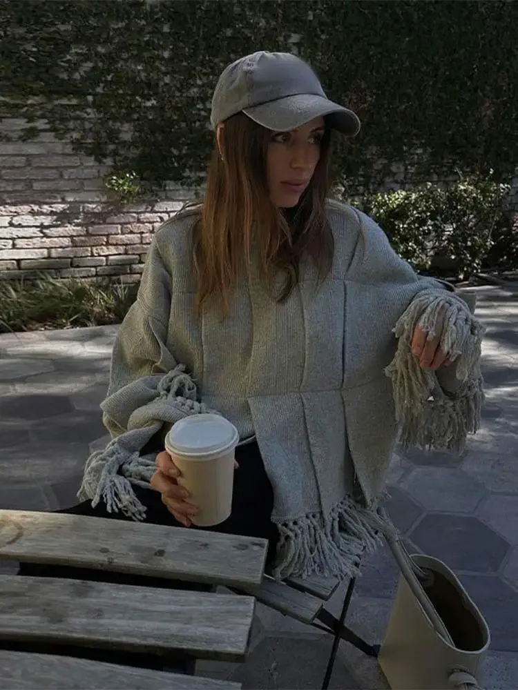 Новинка осени 2024 шикарный женский модный однотонный свитер с бахромой круглым