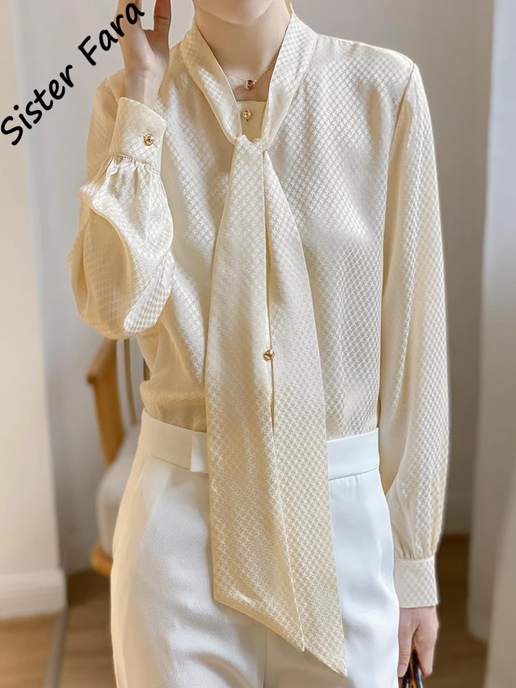 

Sister Fara Satin Silk Bow Blouses for Women Spring Autumn Scarf Collar Long Sleeves Blouses Ladies Single-breasted Shirts Tops