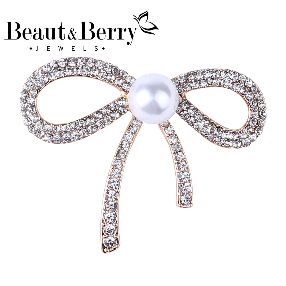 

Beaut&Berry Pearl Bow Rhinestone Ladies Brooch Wedding Party Pin Gift Office Dress Accessory Brooch