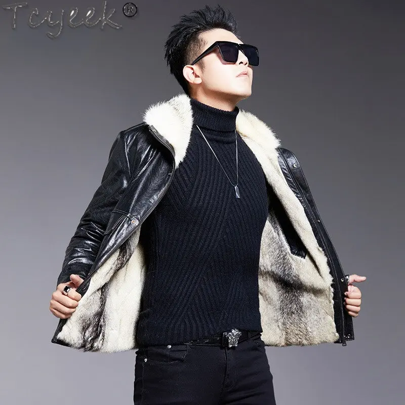 Куртка Tcyeek Мужская короткая Натуральная Воловья кожа роскошная теплая подкладка