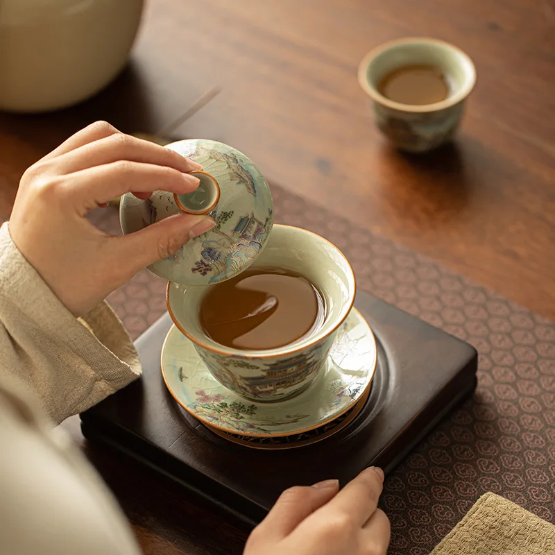 Керамический китайский чайный набор Sancai Gaiwan керамика ручной работы цветная