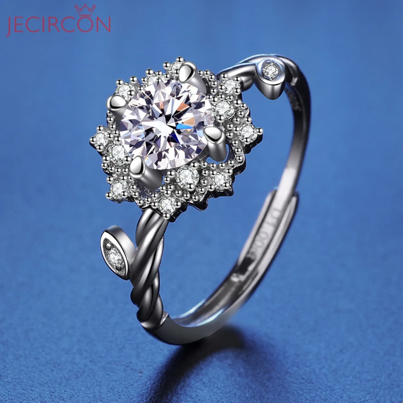 

JECIRCON 925 Sterling Silver Moissanite Ring for Women D Color 1ct Flower 4 Claws Simulated Diamond Luxury Wedding Band Jewelry