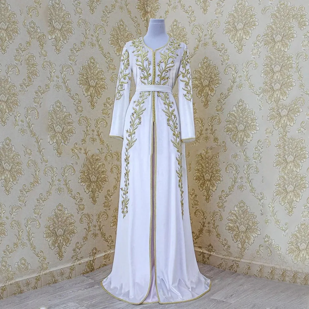 

White Formal Evening Dress For Women V-Neck Full Sleeve Gold Applique Party Gown Front Split Floor Length A-Line Robes De Soirée