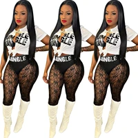 two piece womens clothing womens monogram print sexy 2 piece t shirt cardigan top lace sheer panel trousers party streetwear