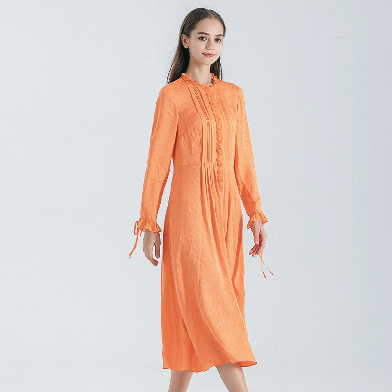 

Sunrise Orange 22 Momme Jacquard Silk Stand Collar Dresses Women Office Flare Long Sleeve Ladies Dress Autumn New In AE1771