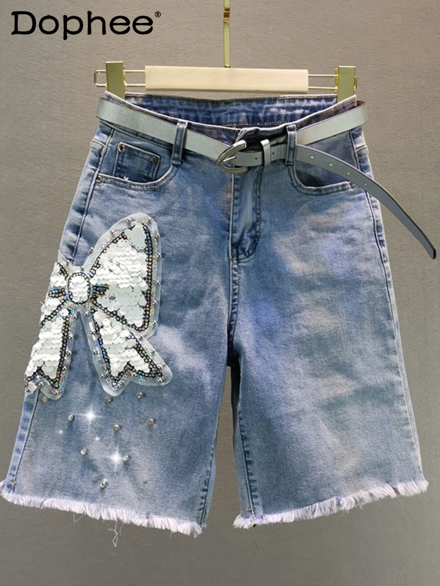 

Street Stretch Slim-Fit High Waist Figure Flattering Beaded Sequins Denim Shorts Women's Breeches 2022 New Summer Shorts Jeans