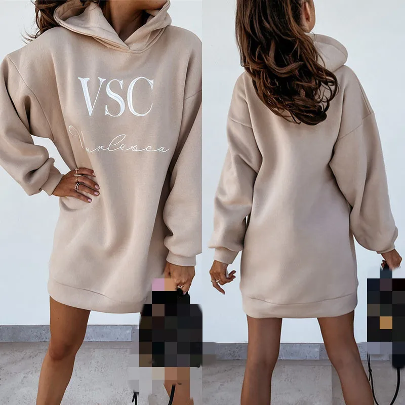 

2022 Autumn Printed Women's Hooded Dress Long Sleeve Hooded Female Dress Spring Loose Fashion Casual Ladies Sweatshirts Dresses