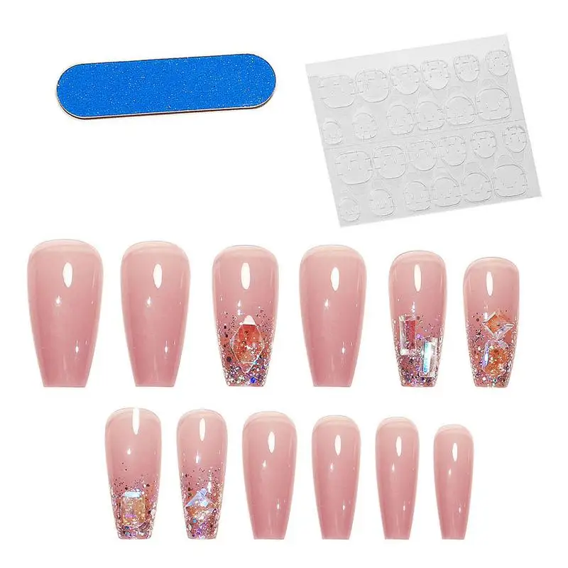 

24 шт. носимые Длинные розовые накладные ногти с клеем блестящие искусственные ногти для милой девушки набор съемных накладных ногтей