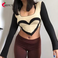 hotcy early autumn 2022 new crop top love stitching collision color irregular square collar long sleeve t shirt for woman