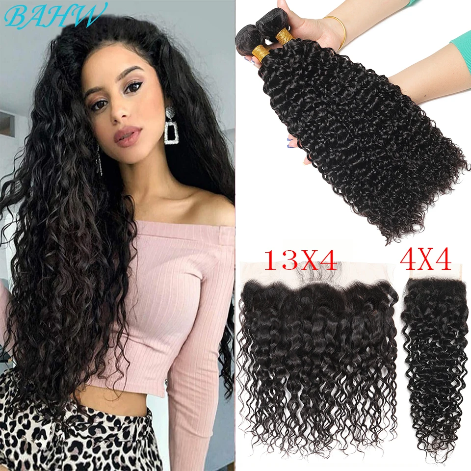 

12A Peruvian Water Wave Bundles With Closure Natural Wave Hair Extension Remy Human Hair Bundels With Frontal 13x4 Lace Frontal