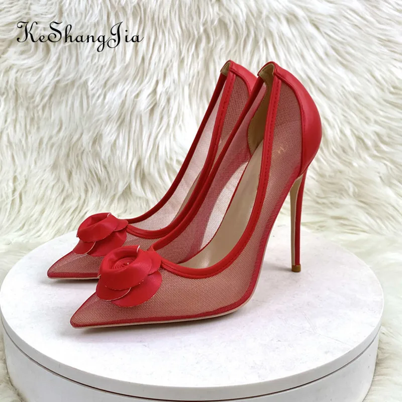Купи Keshangjia Ladies Sexy Mesh Red Shoes Women Pumps Fashion Bowknot High Heels Shoes Woman Pointed Toe thin Dress Party Shoes за 2,300 рублей в магазине AliExpress