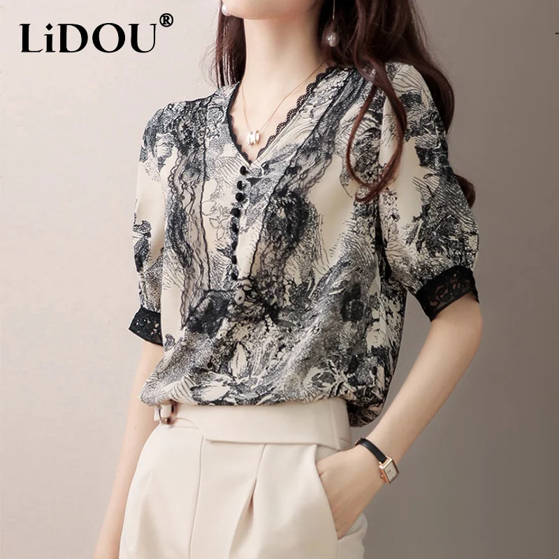 

Office Lady Vintage Elegant Fashion Ink Printing Loose V-neck Summer Chiffon Blouses Lace Spliced Half Sleeve Temperament Shirt