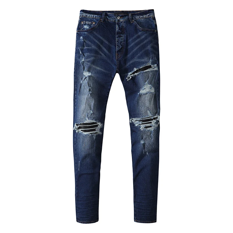 Street Fashion Men Jeans Retro Dark Blue Stretch Skinny Fit Button Ripped Jeans Men Leather Patched Designer Hip Hop Brand Pants