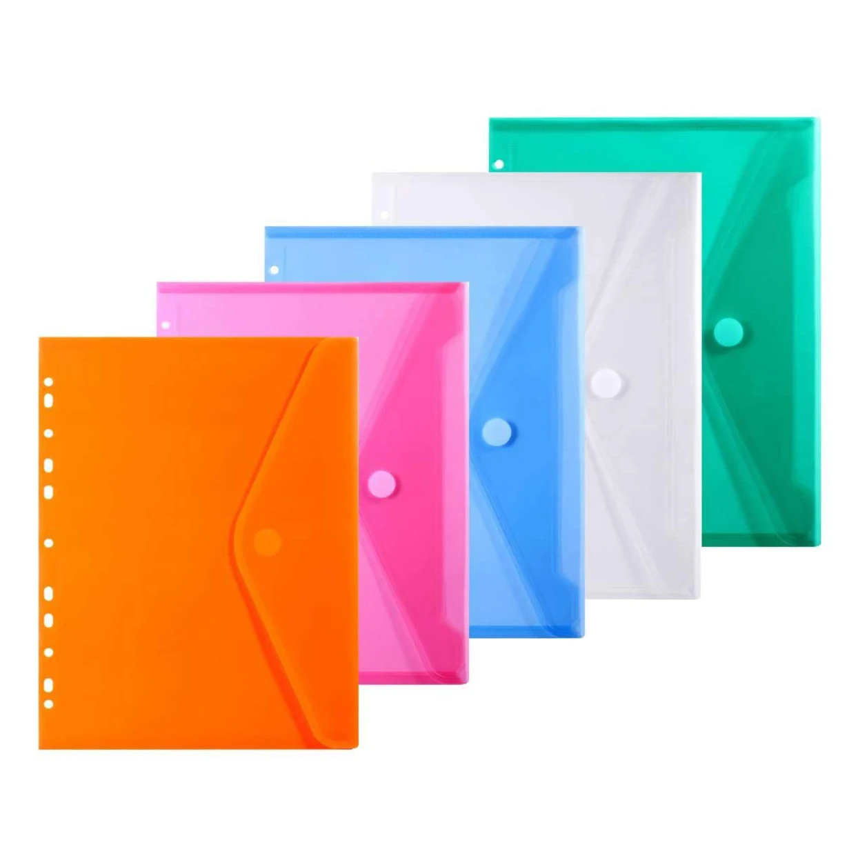 

5 Packs A4 Letter Size Assorted Colors 11 Holes Semi Poly Envelope Pocket Insert Pages for Binders, with Hook and Loop Closure