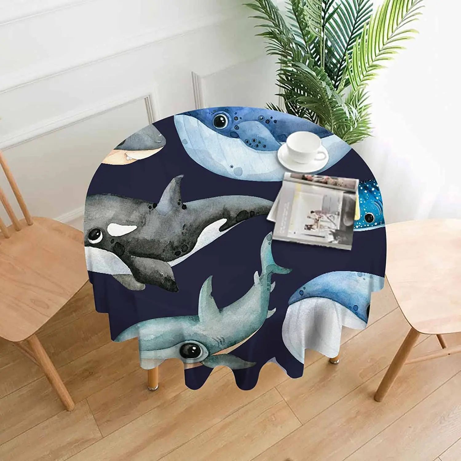 

Круглая скатерть с изображением синих акул под морем для круглого Кита, глубоководной рыбы, мультяшная одежда для буфетного стола, вечеринк...