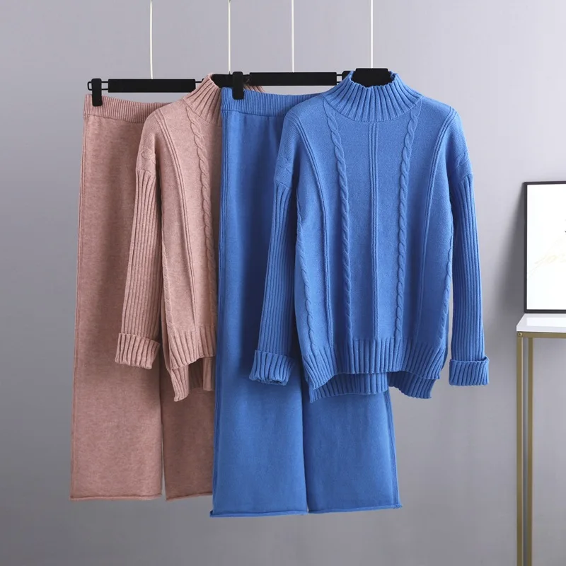 

half turtleneck sweater wide leg pants suit women's autumn winter fashion knitted set