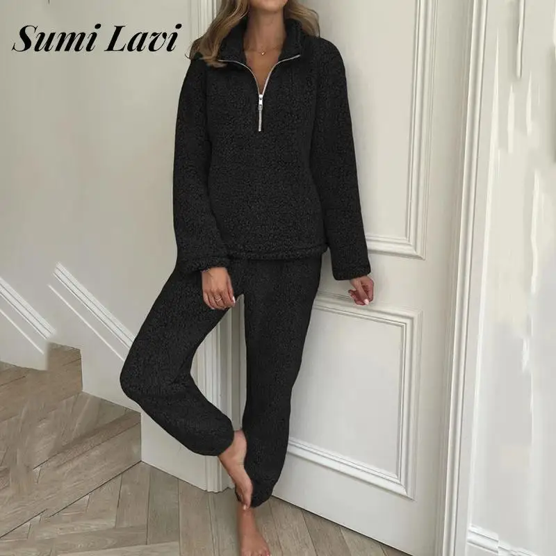 

Зимняя теплая однотонная утепленная одежда для сна, Женский пижамный комплект из флиса с круглым вырезом, повседневные топы на молнии, брюк...
