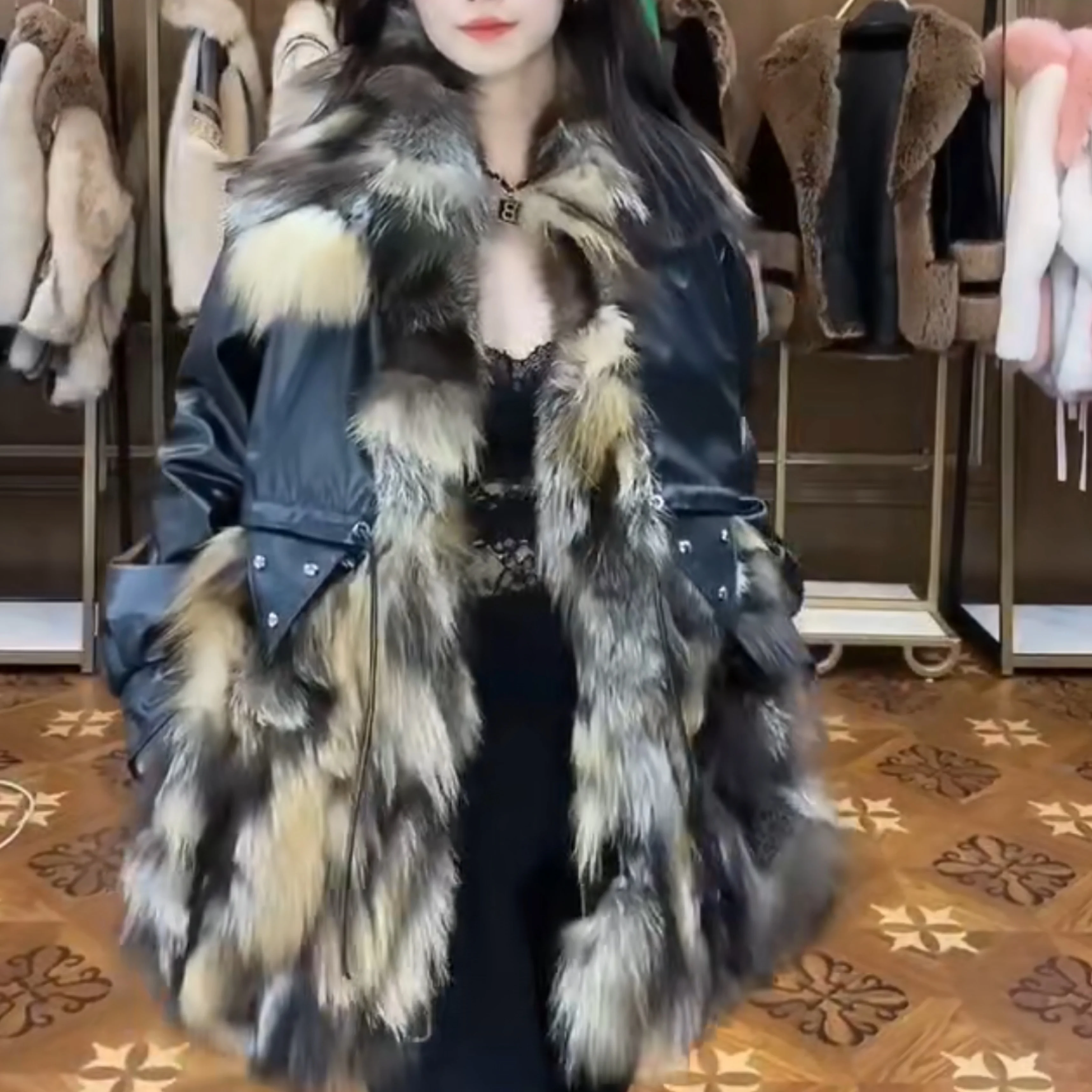 Winter Fur Women 2022 New High-End Fox Fur with Leather Heavy Design Fur Jacket Long-Sleeved Ladies Mid-Length Warm Slim Coats