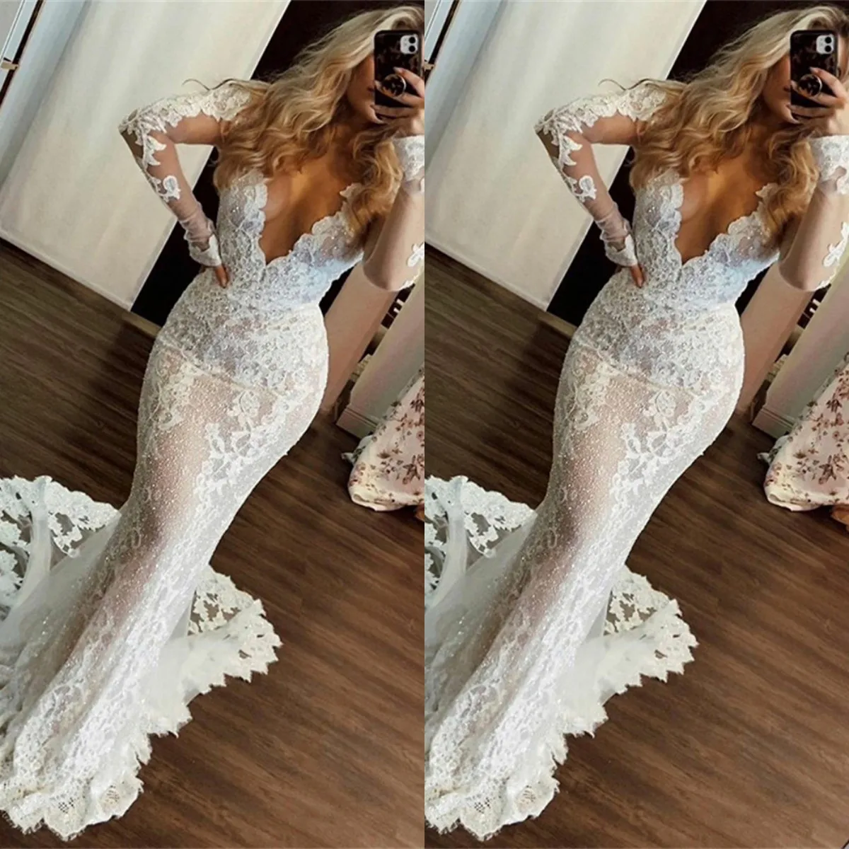

Long Sleeve Lace Mermaid Wedding Dress V Neck Neck Bride Dress Long Train vestido de noiva Appliques Bridal Gowns vestido novia