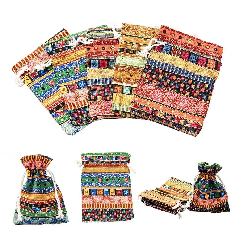 5pcs Ethnic Style Reusable Cloth Packing Pouches Drawstring Bags Rectangle Mixed Color Wedding Party Gift Sachet Candy Bag Home