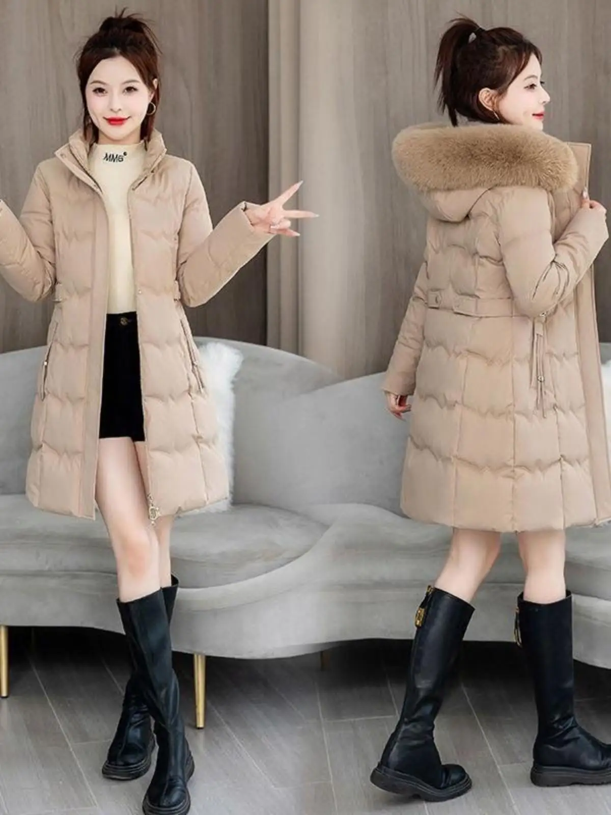 Winter New Korean Sle Big Fur Collar Cotton-Padded Coat Women Mid-Length Slim fit Cotton-padded jacket Thickened Slimming C...