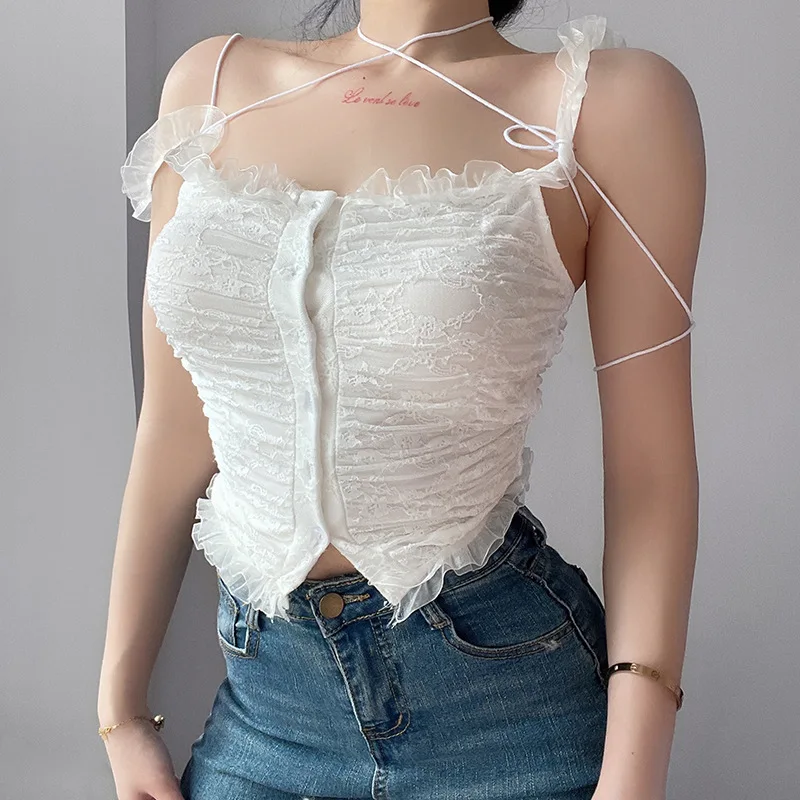 

2022 New Fashion Summer E-girl Cute Sweet Y2k Tops Tight Straps Solid Color Halter Lace Crop Top Tank for Women