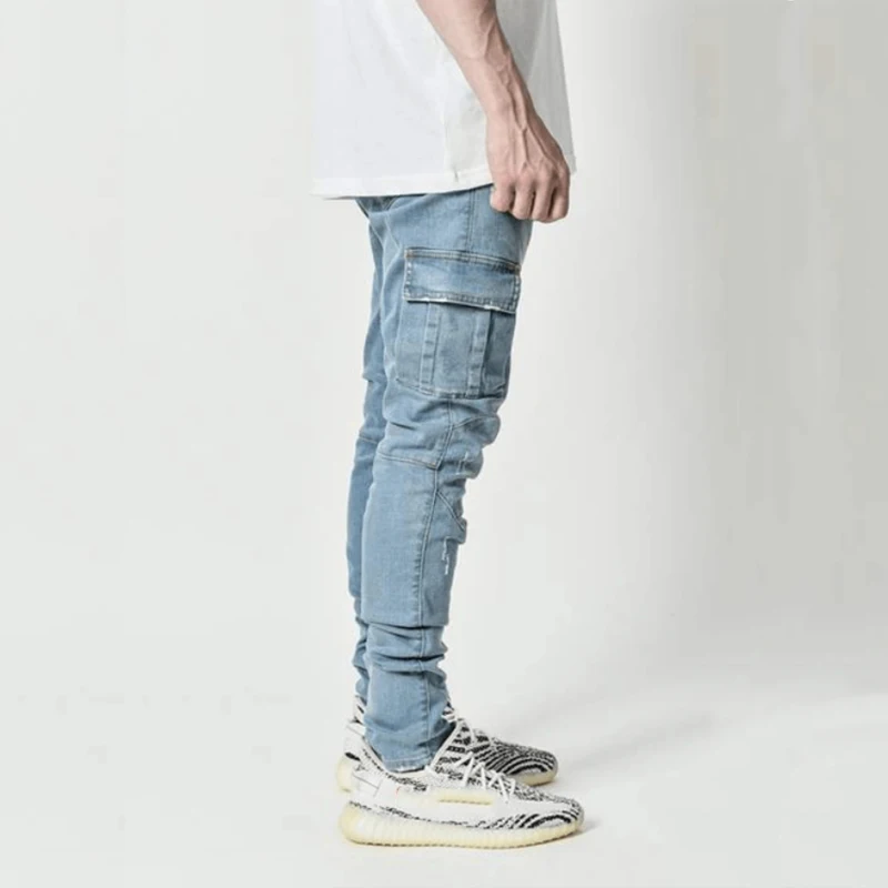 Jean Man Casual Cotton Denim Trousers Multi Pocket Cargo Jeans Men New Skinny Pants Side Pockets Overalls Men