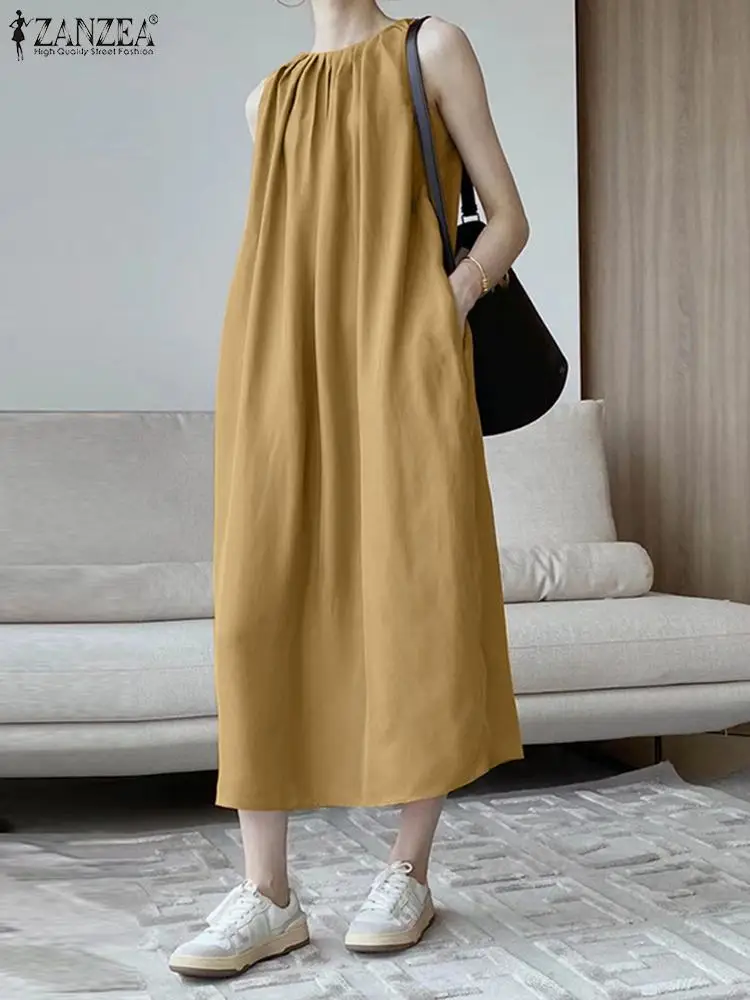 

ZANZEA Women Summer Pleated Midi Dress 2023 Casual Sleeveless Solid Sundress Oversized Office Lady Loose Holiday Robes Longue