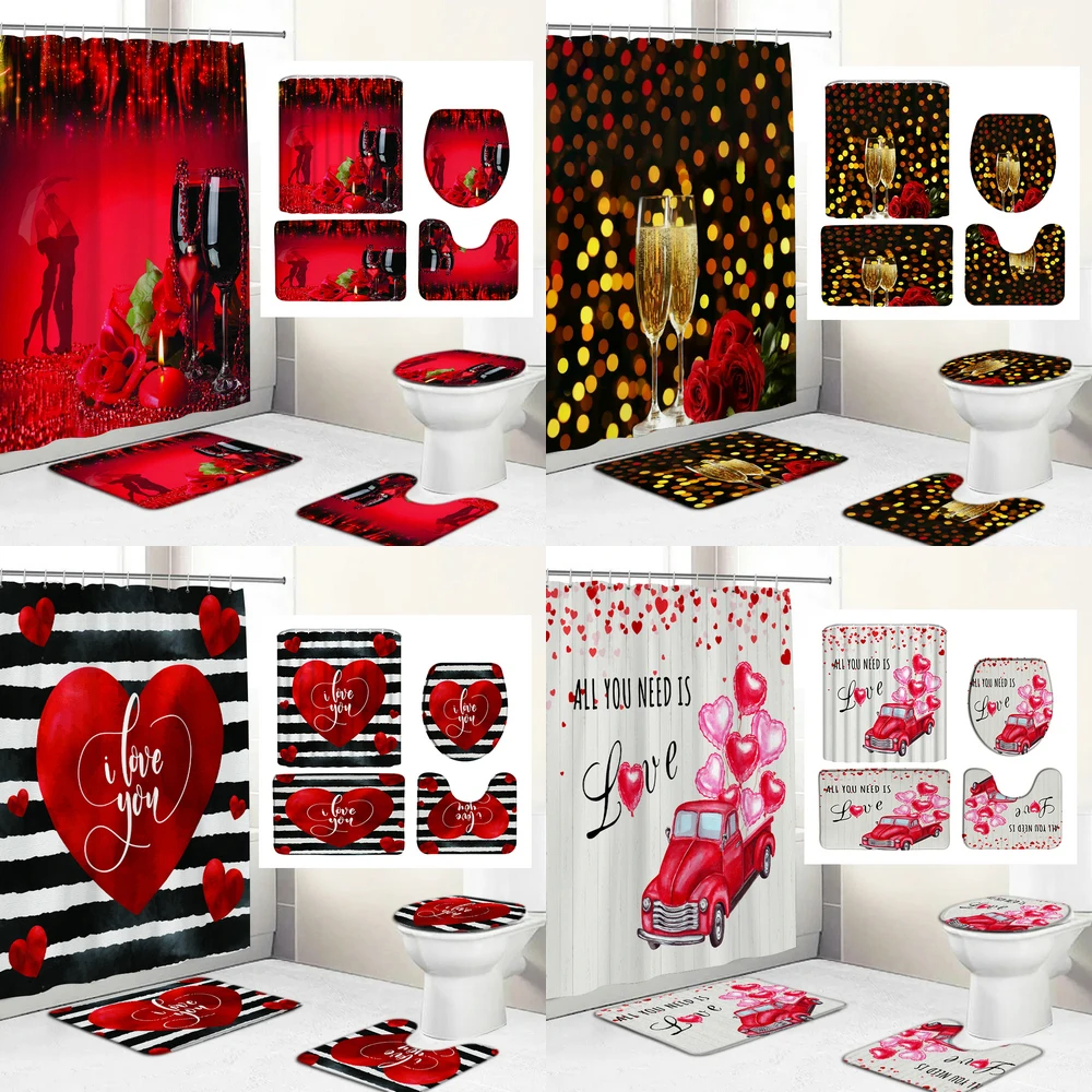 

Love Romantic Red Rose Shower Curtain Set Toilet Lid Cover and Bath Mat Valentine's Day Bathroom Curtains with Hooks Home Decor