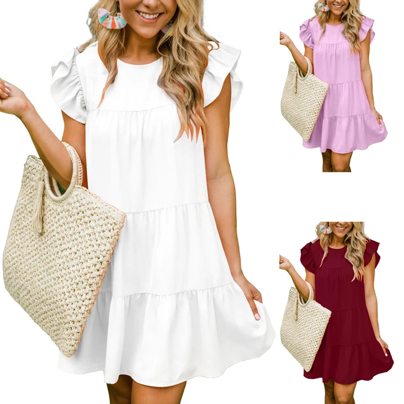 

Брендовое новое летнее мини-платье с оборками, Женские однотонные милые дамские платья, повседневные свободные платья с круглым вырезом, же...