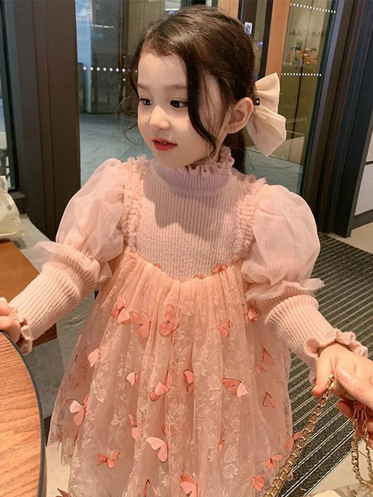 

Girls Casual Dresses Knitting New Spring Autumn Children Clothing Baby Fluffy Mesh Princess Long Sleeved Striped